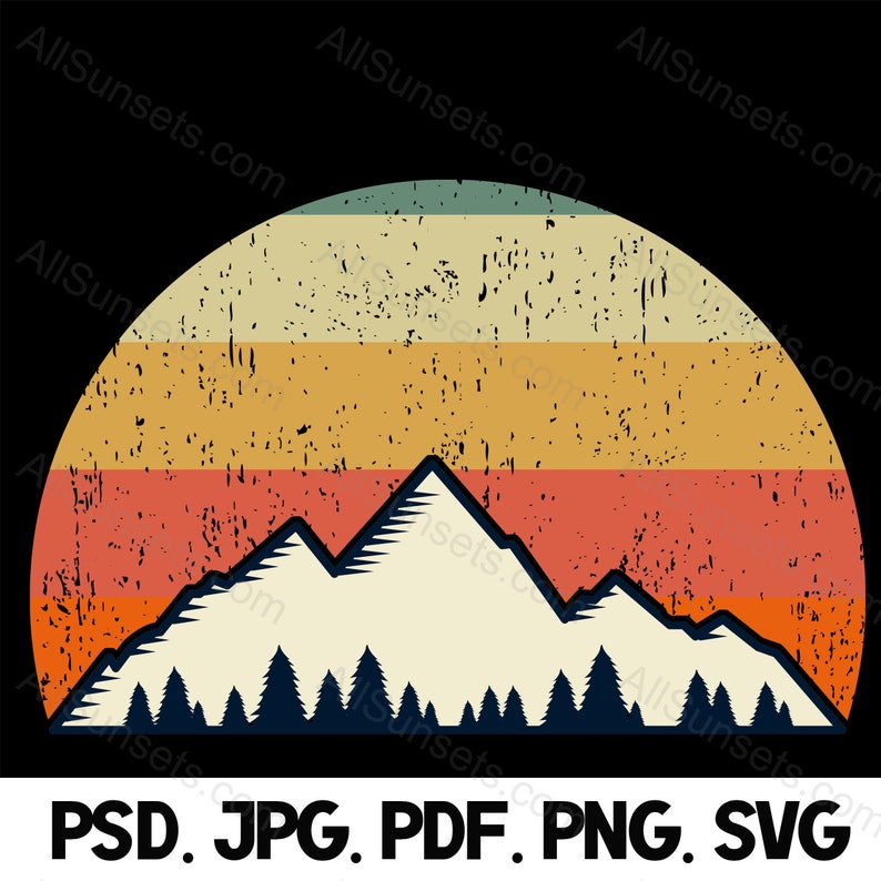 Mountain Trees Retro Sunset PNG, Mountains And Trees Svg