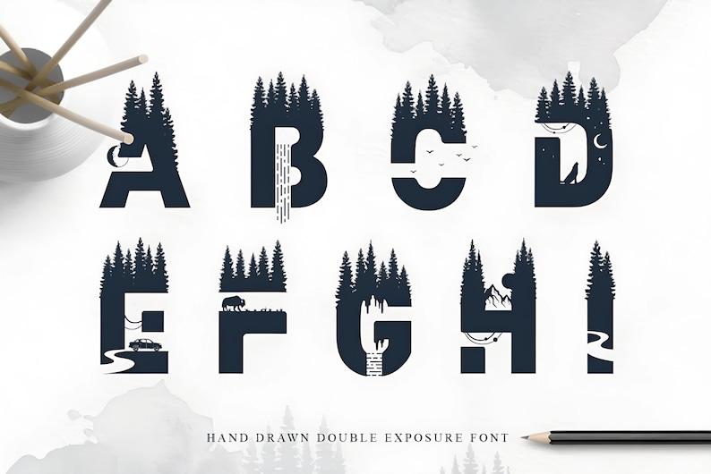 Forest Font Letters SVG, Mountains And Trees Svg