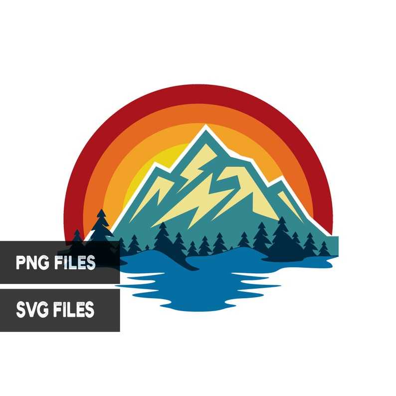 Mountain Lake Retro Sunset Svg, Mountains And Trees Svg#6