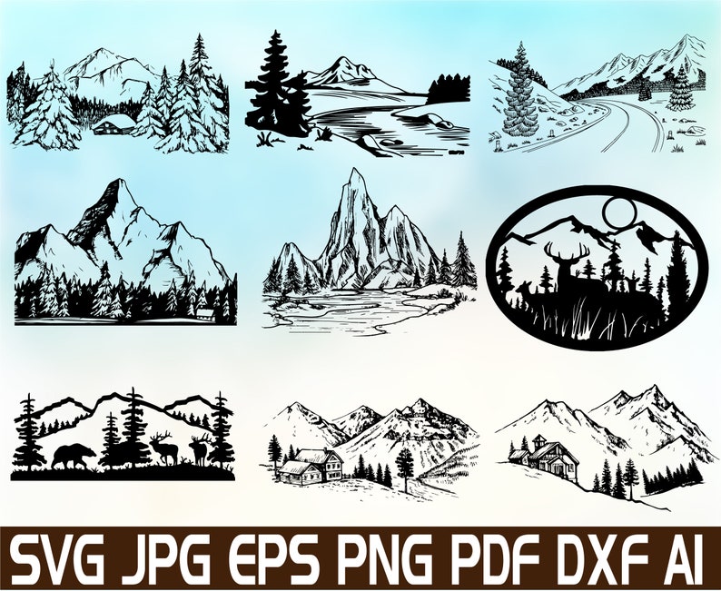 Mountain Scenery Silhouette Svg, Mountain Scene Svg