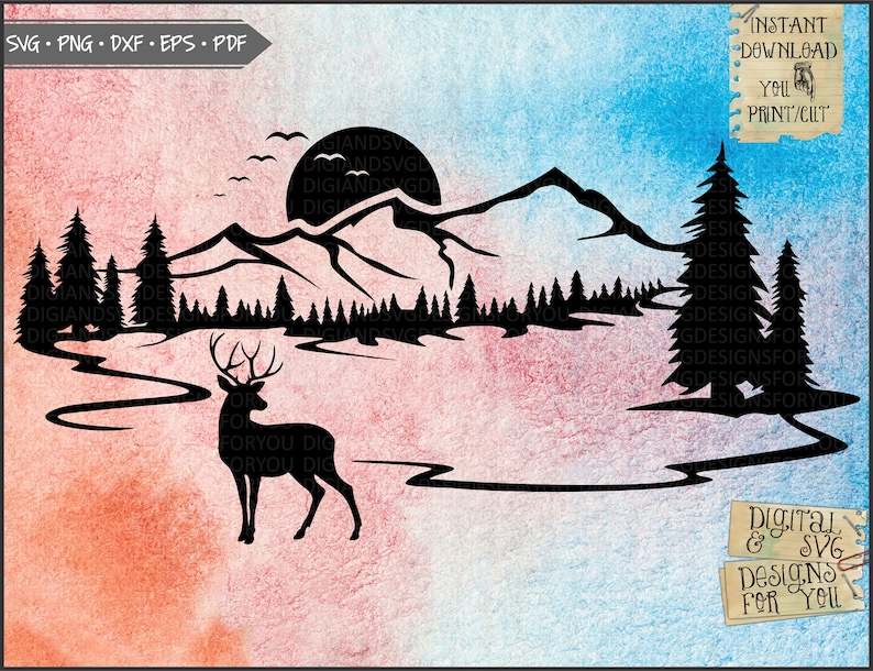 Wildlife Scene Svg, Mountains And Trees Svg#1