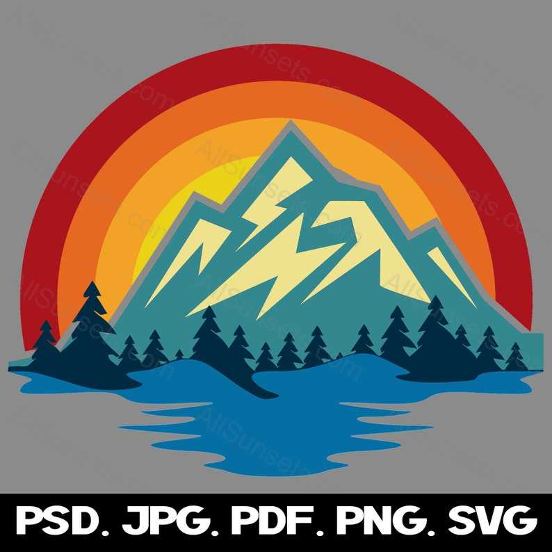 Mountain Lake Retro Sunset Svg, Mountains And Trees Svg#4