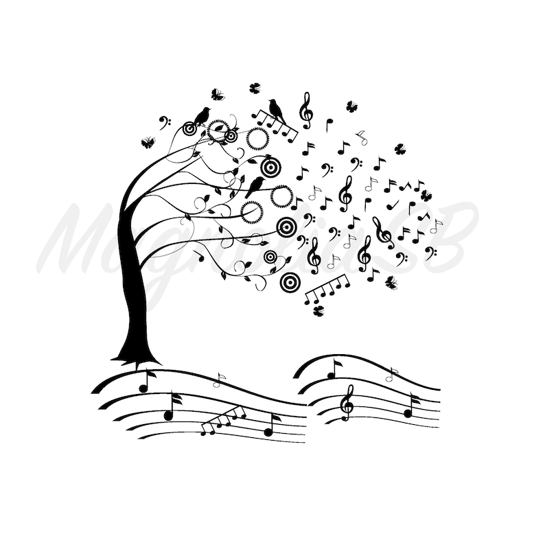Music Tree Svg, Tree With Musical Notes And Birds Clipart 