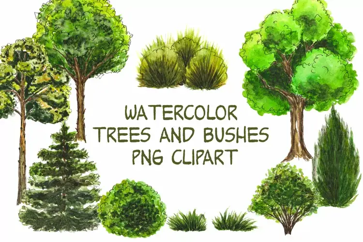 Watercolor Trees and Bushes Png Clipart Free 
