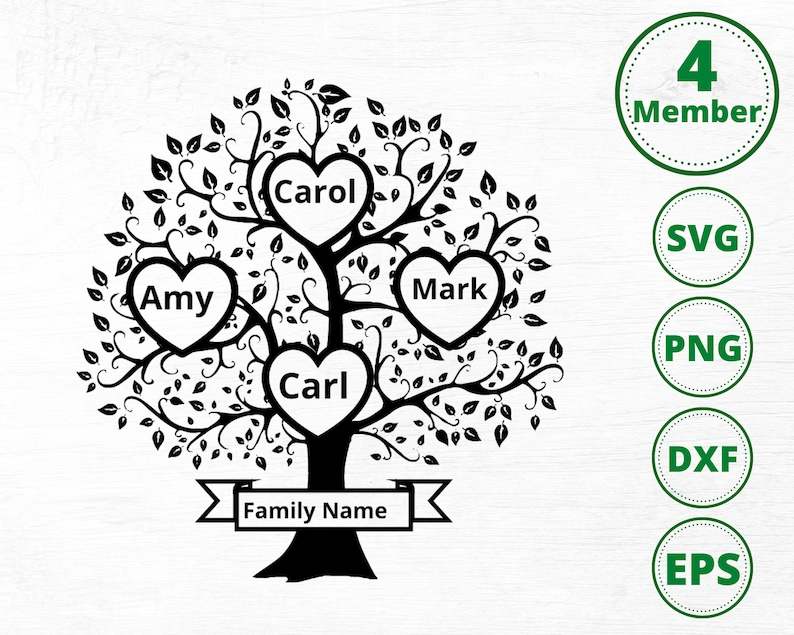 Family Tree Svg 4 Members, 4 Family Member Tree, Family Heart Tree Svg ...