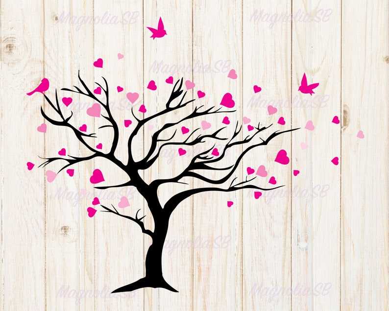 Tree With Hearts Shaped Leaves And Birds Svg, Valentine Tree Svg#1