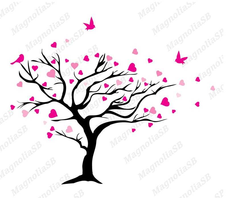 Tree With Hearts Shaped Leaves And Birds Svg, Valentine Tree Svg#2