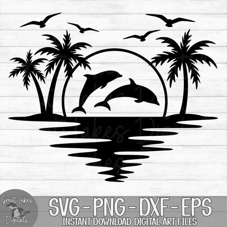 Dolphin Palm Tree Sunset Svg Digital Download#1