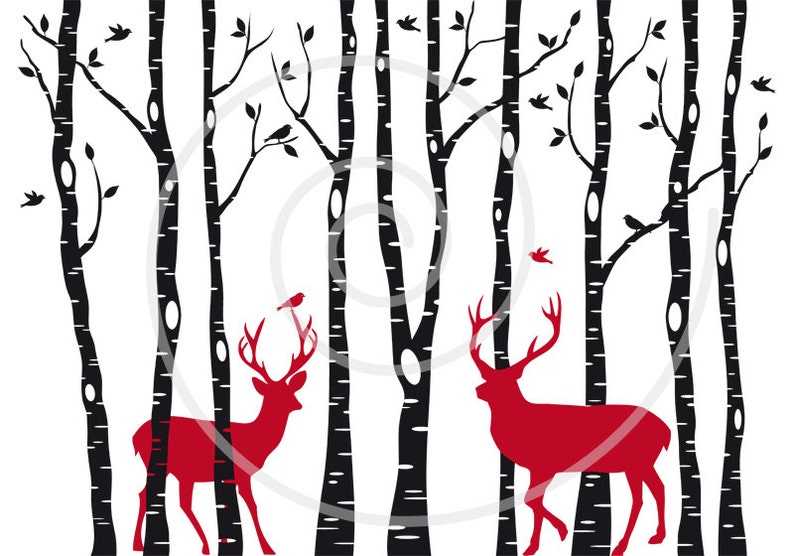Birch Trees With Reindeer Digital Clipart#1