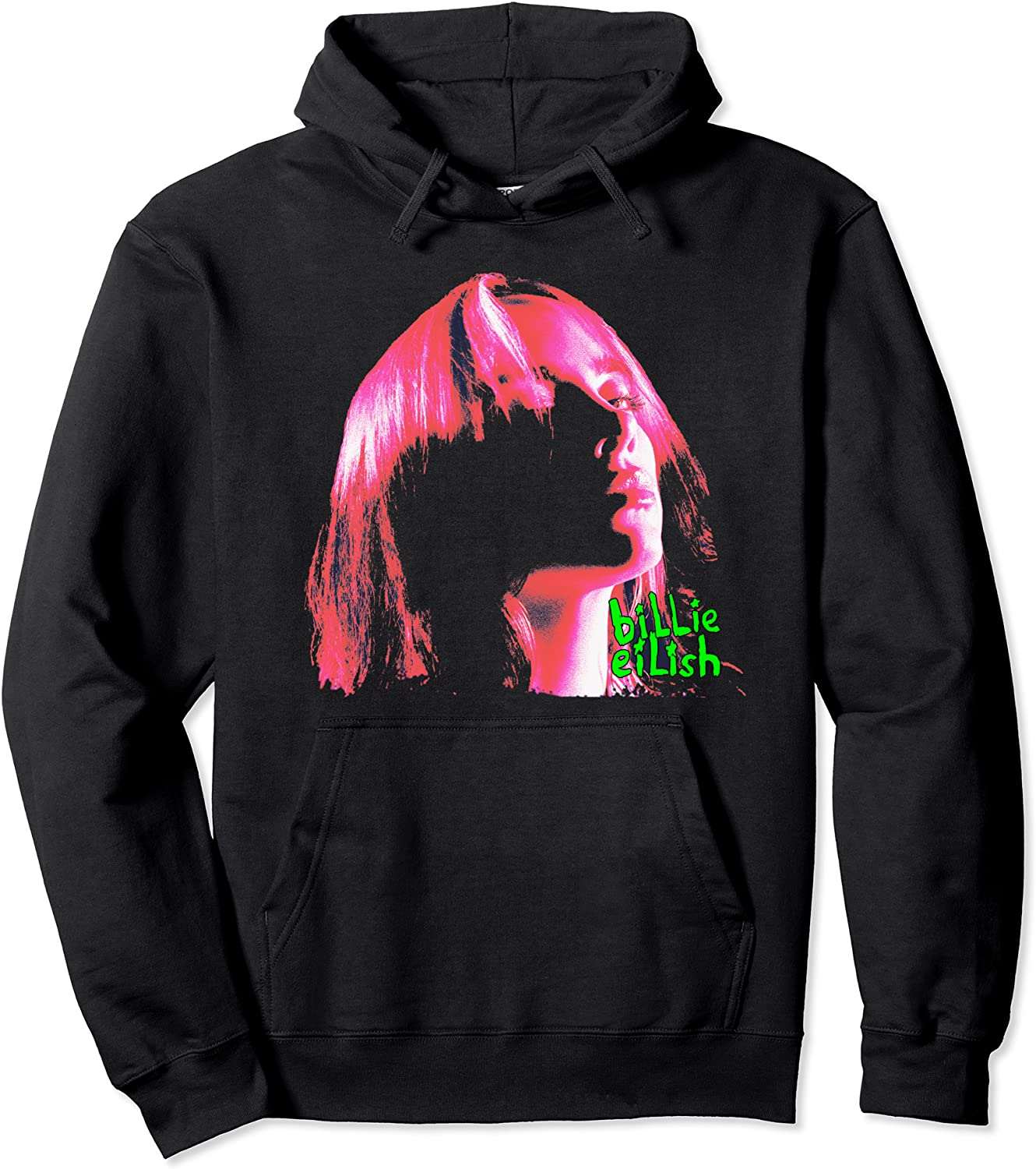 Billie Eilish Hoodie, Billie Eilish Portrait Pink Hair Black Hoodie#1