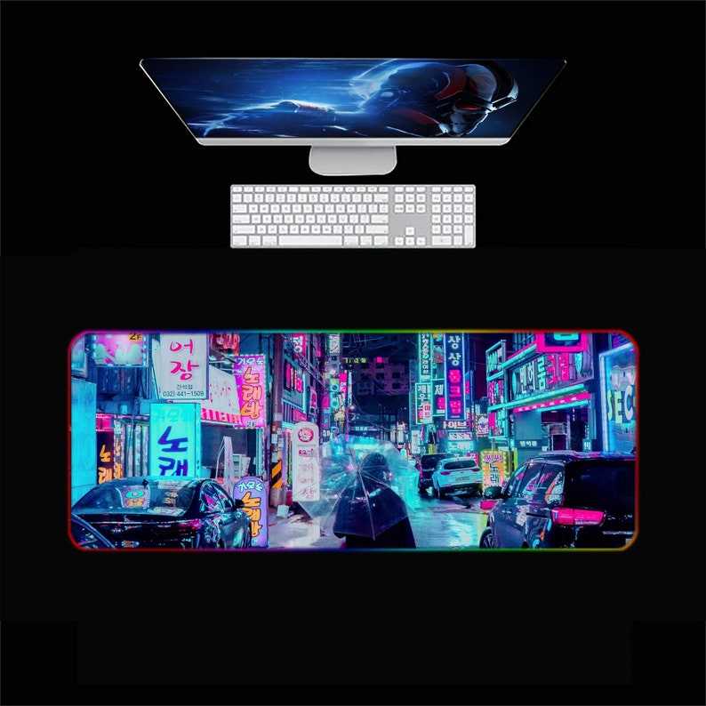 Cyberpunk City Desk Pad(2 Patterns), Retro Vaporwave City Gaming