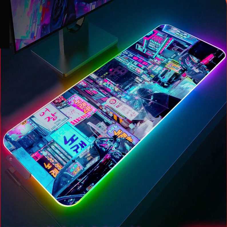 RGB Gaming Desk Mat, Retro Vaporwave City RGB Gaming Mouse Pad