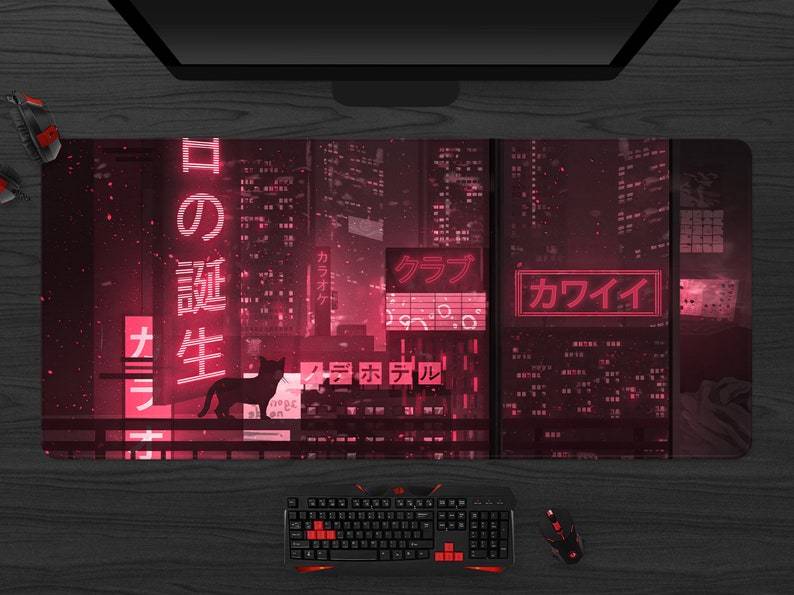 Red Gaming desk mat, Neon Tokyo Street Desk Mat Japanese,Extended Anime Desk Mat, lofi Extra large keyboard Deskmat for gamers