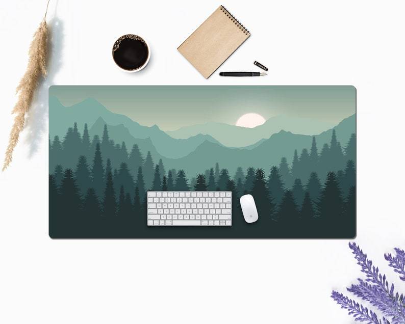 Sunset Mountains Landscape Green Desk Mat, Extra Large Desk Mat, Large Gaming Mouse Pad, Extended Mouse Pad, Gaming Keyboard Mat#2