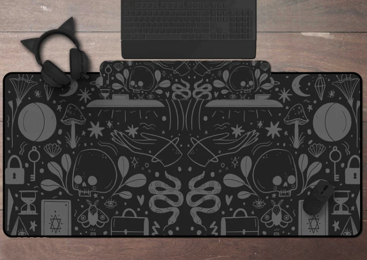 Spooky cute goth sewn edges Gaming Desk Mat, Black kawaii witchy gaming desk mat,  extended extra large mouse pad #5