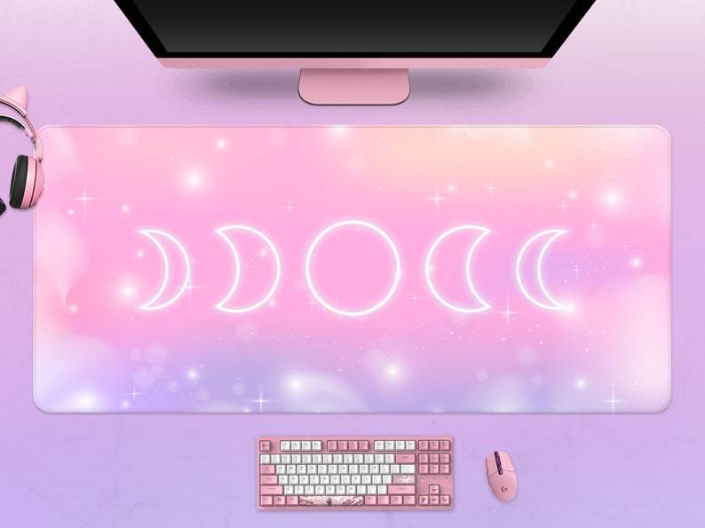 Kawaii Desk Mat Cute Sky,Pastel Pink Mousepad,Purple Rainbow Stars and Clouds Mouse Pad,Gaming Keyboard Mat,Space Moon Phases#1