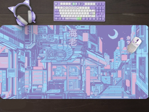 Neon city pastel Tokyo street desk mat, Kawaii purple anime desk mat, cute gaming desk mat