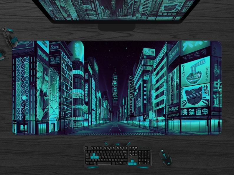 Neon Tokyo Street Desk Mat, Gaming Mouse pad Japanese, extra large deskmat anime,Vaporwave Skyline/City desk mat#5