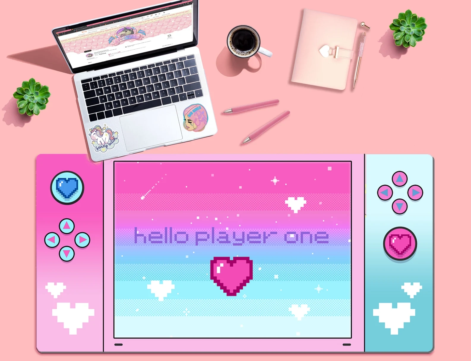 Pink And Blue Gamer Hello Player One Deskmat - 18 x 36, Extra Large DeskMat, Kawaii Deskmat, Cute Deskmat, Large Gamer Deskmat, Gamer Girl#2