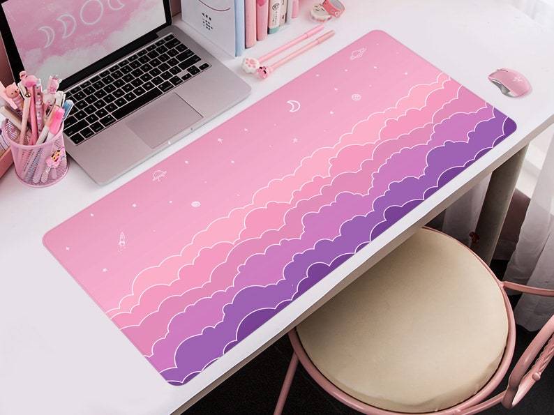 Cute Clouds Desk Mat Kawaii, Pastel Pink Mouse Pad, Desk Pad Cute, Extra Large Desk Mat, Mousepad#7