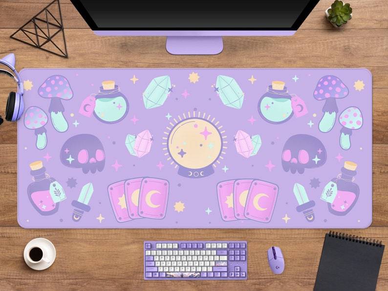 Pastel Goth Desk Mat Kawaii, Cute witch mousepad purple, pastel lilac pink witchy wicca pattern, extra large gaming mouse pad#1