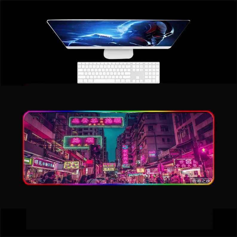 Cyberpunk City Desk Pad(2 Patterns), Retro Vaporwave City Gaming