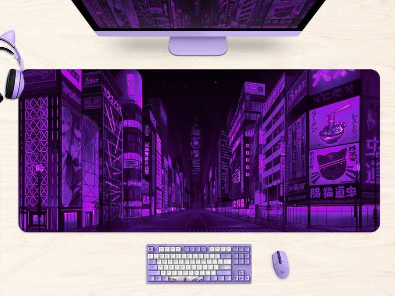  Anime Neon Mouse Pad Purple City Gaming Desk Big Cute
