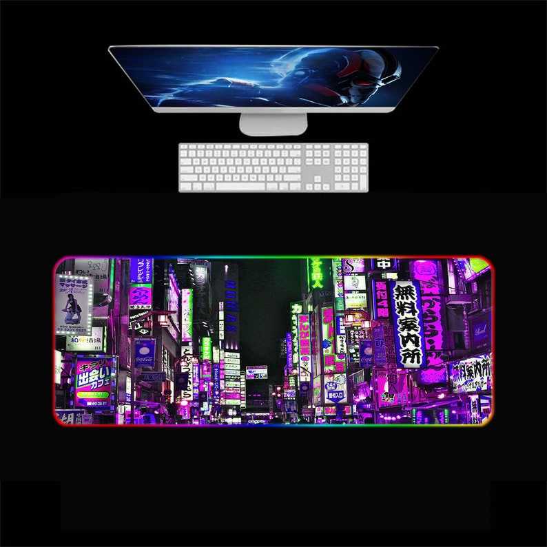 Japanese Purple Anime Desk Mat, Tokyo City Street Mouse Pad Pixel Art Neon Vaporwave Desk Pad XXL, Long Laptop Keyboard Mats for Desk Kawaii Full