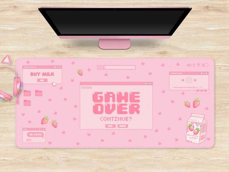 Strawberry Milk Desk Mat, Kawaii pastel pink gaming mousepad, retro linear vaporwave aesthetics, cute mouse pads#7