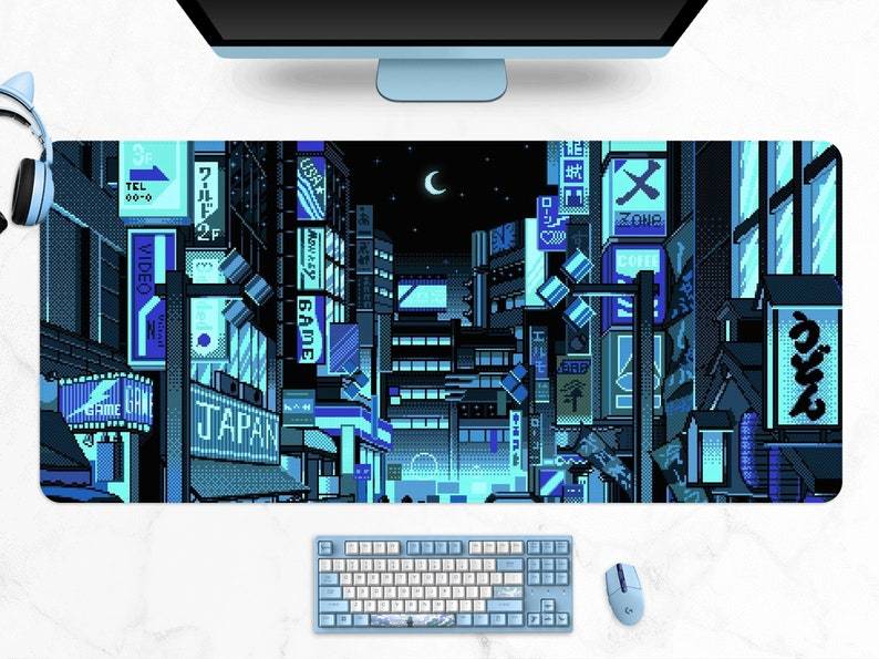 Retro Vaporwave desk mat, neon tokyo street pixel art, Purple Japanese anime, Skyline/City desk mat, gaming desk mat