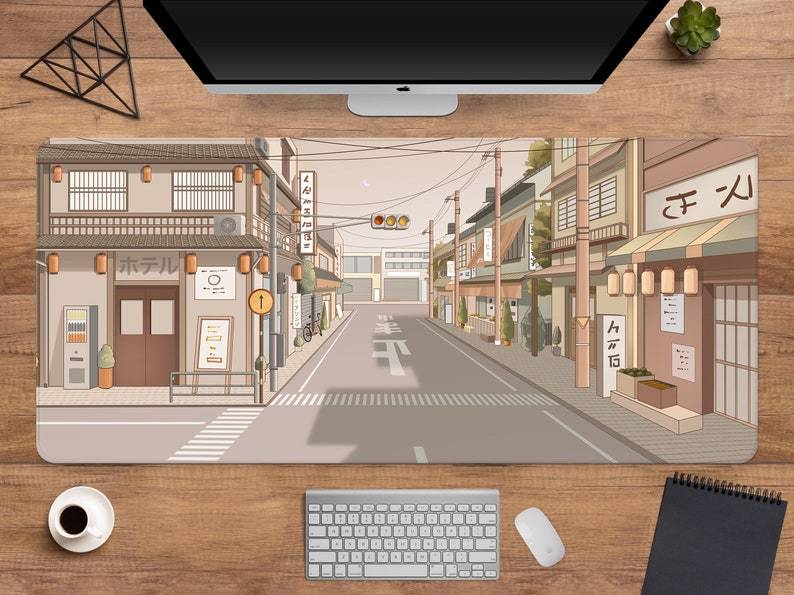 Tokyo street Desk Mat Anime, Japanese desk mat, kawaii extra large gaming desk mat