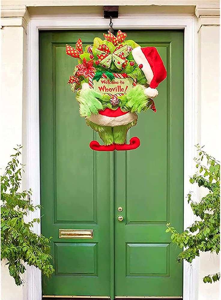 Grinch Christmas Plush Wreath, Thief Stole Artificial Burlap Wreath,Elf  Body Burlap Pose-able Plush Legs Decorations Bow Wreath, Santa Winter  Wreath