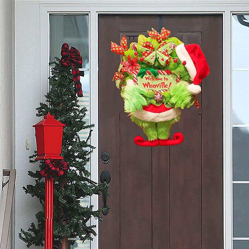 Grinch Christmas Plush Wreath, Thief Stole Artificial Burlap Wreath,Elf  Body Burlap Pose-able Plush Legs Decorations Bow Wreath, Santa Winter  Wreath