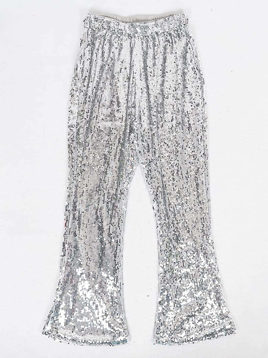 Women's Elastic Waist Sparkly Sequin Pants, 70's Disco Wide Leg Flare Pants, Party Jumpsuits Rompers#5