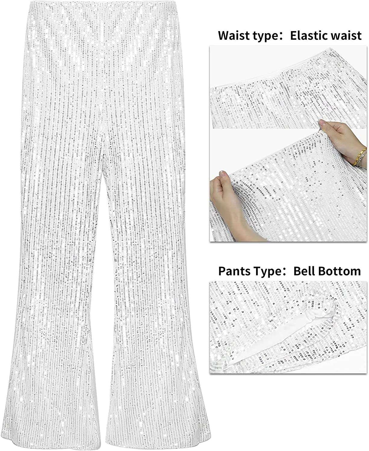 Women's Casual Sparkle Sequin Pants, Elastic High Waist Shiny Pants, Wide Leg Flare Palazzo Pants#5