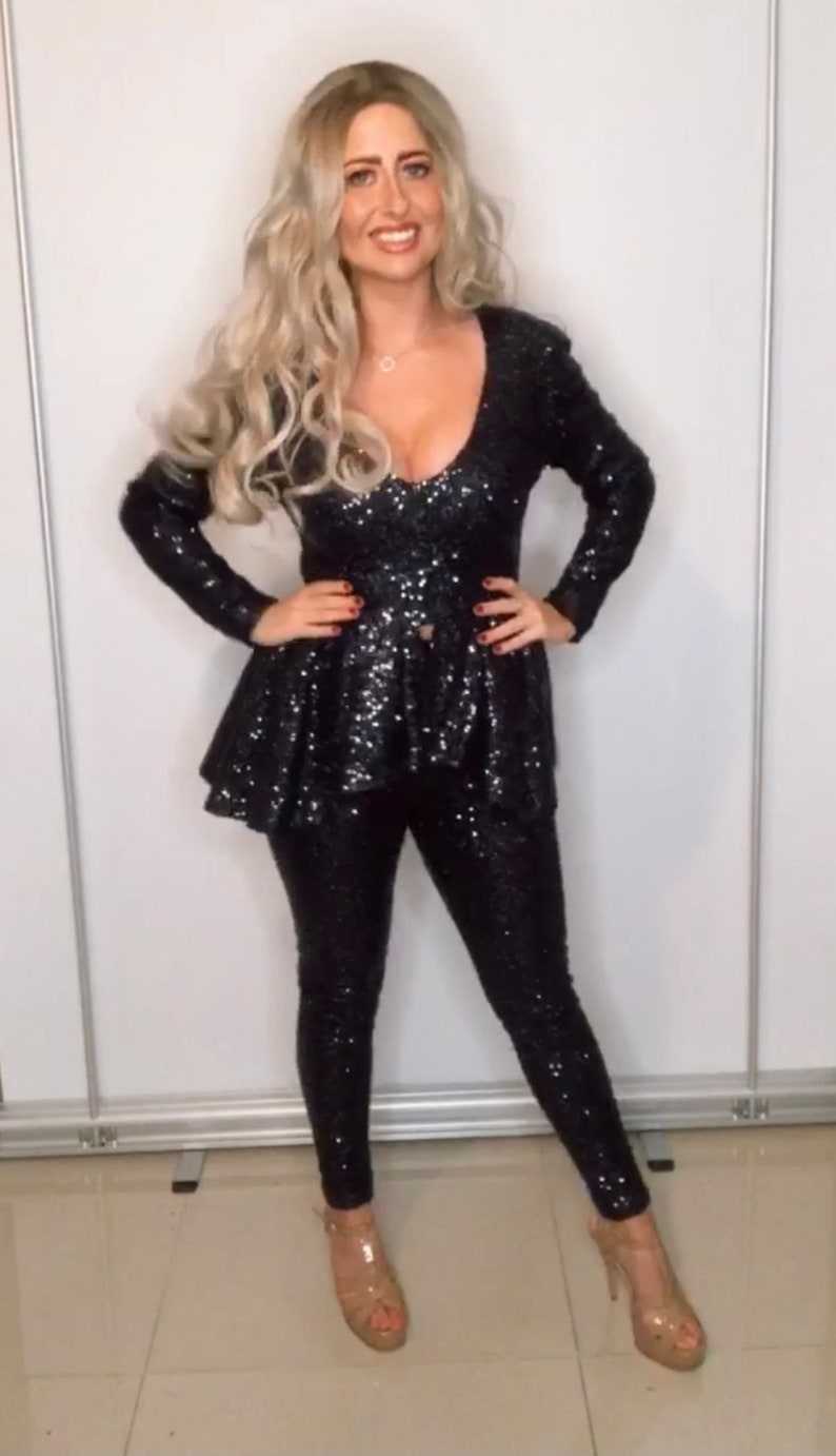 Black Sequin Peplum Suit, Sequin Pants Suit, Party Jumpsuits Rompers#5