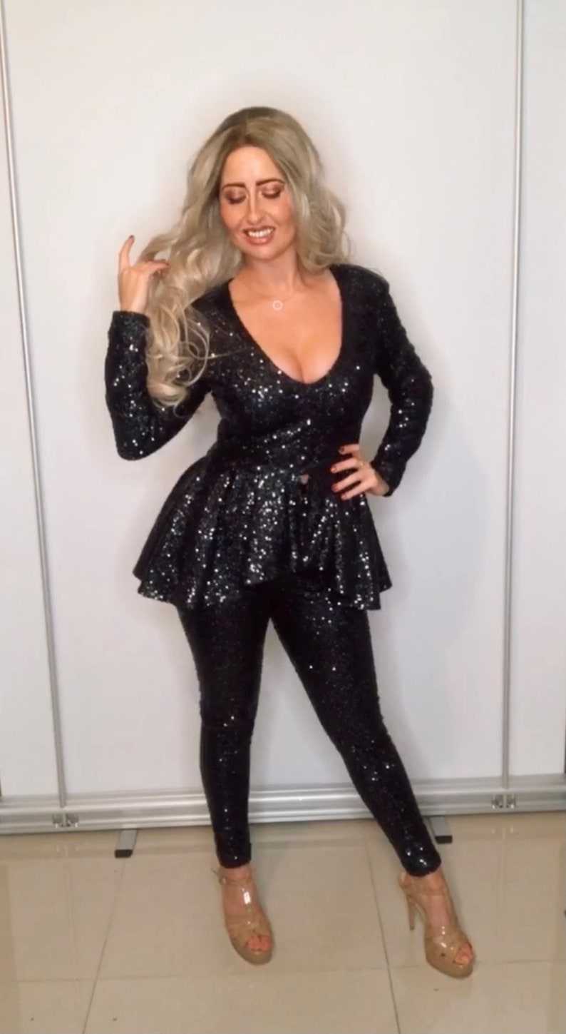 Black Sequin Peplum Suit, Sequin Pants Suit, Party Jumpsuits Rompers#7