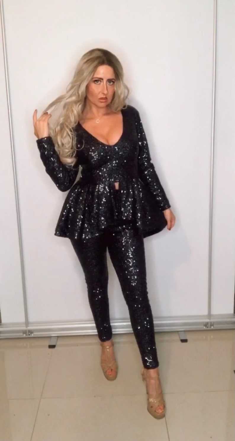 Black Sequin Peplum Suit, Sequin Pants Suit, Party Jumpsuits Rompers#8