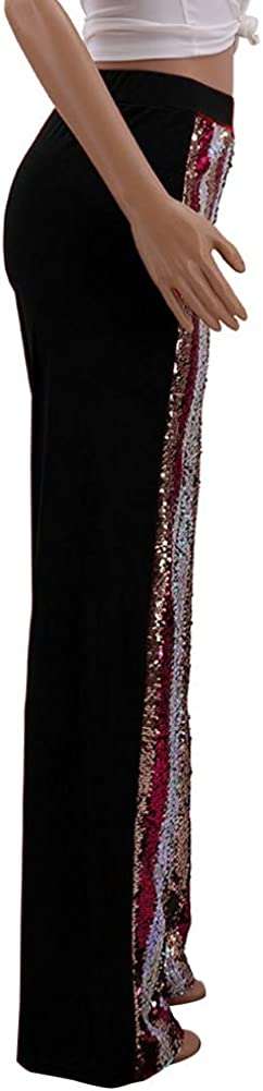 Women's Sequin High Waisted Wide Leg Pants, Stretchy Button-Down Pants with Sequins#4