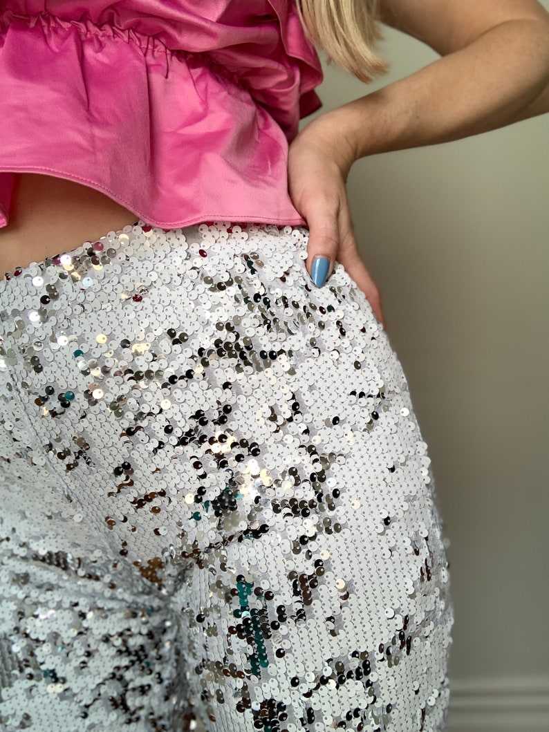 White Sequin Trousers, Glitter Leggings, Sequin Trousers, White Cosplay Pants, Bachelorette Outfit#5