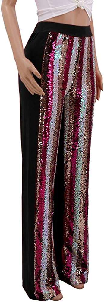 Women's Sequin High Waisted Wide Leg Pants, Stretchy Button-Down Pants with Sequins#3