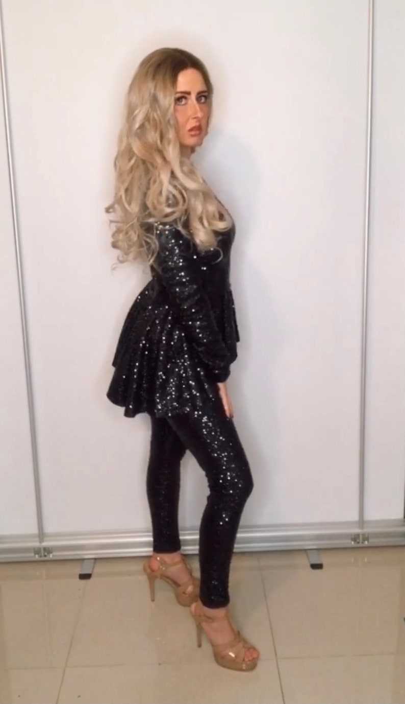 Black Sequin Peplum Suit, Sequin Pants Suit, Party Jumpsuits Rompers#6