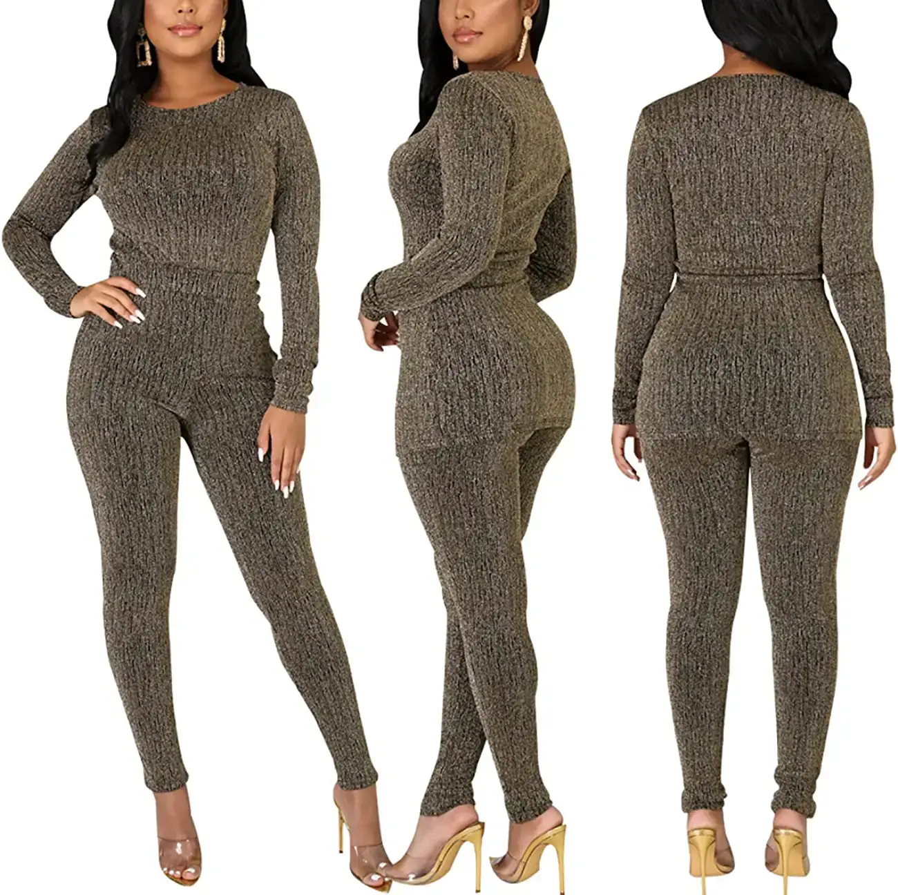 Women's Sequin Suit, Two Pieces Outfits, Elegant Round Neck Long Sleeves, Fall Clubwear Outfits#7