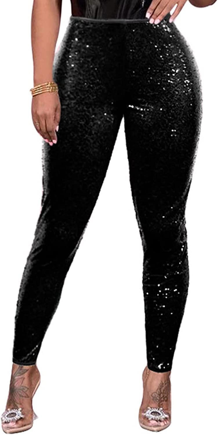 LifeShe Women Sequin Pants Elastic High Waisted Leggings Plus Size Sparkly  Skinny Trousers Party Clubwear Black at Amazon Women's Clothing store
