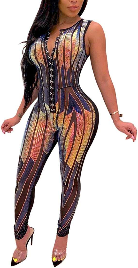 Women's Sexy V Neck Sequin Mesh Pants, Bodycon Long Pants, Party Jumpsuits#3