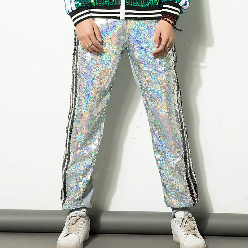 Silver with Side Stripes Men's Sequin Pants, Shiny Drawstring Pants#1