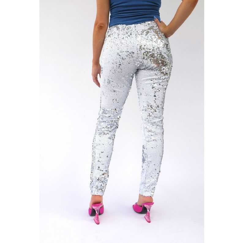 White Sequin Trousers, Glitter Leggings, Sequin Trousers, White Cosplay Pants, Bachelorette Outfit#3