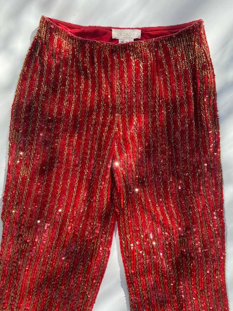 Fully Sequinned Red Trousers, Glam Party, Silk Luxury Pants#8