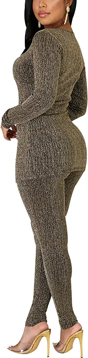 Women's Sequin Suit, Two Pieces Outfits, Elegant Round Neck Long Sleeves, Fall Clubwear Outfits#6