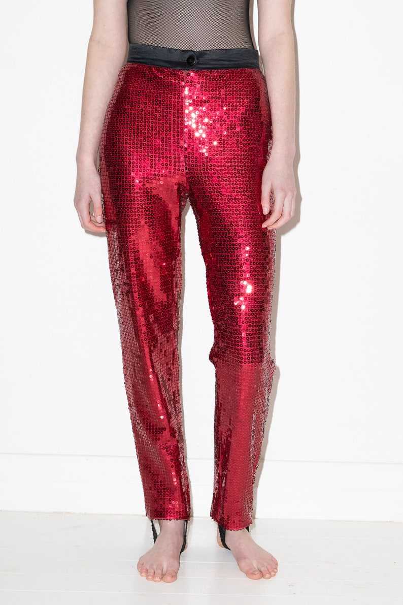 Vintage 80's Sequin Stirrup Pants, Cherry Red Leggings, High Waisted Pants#8